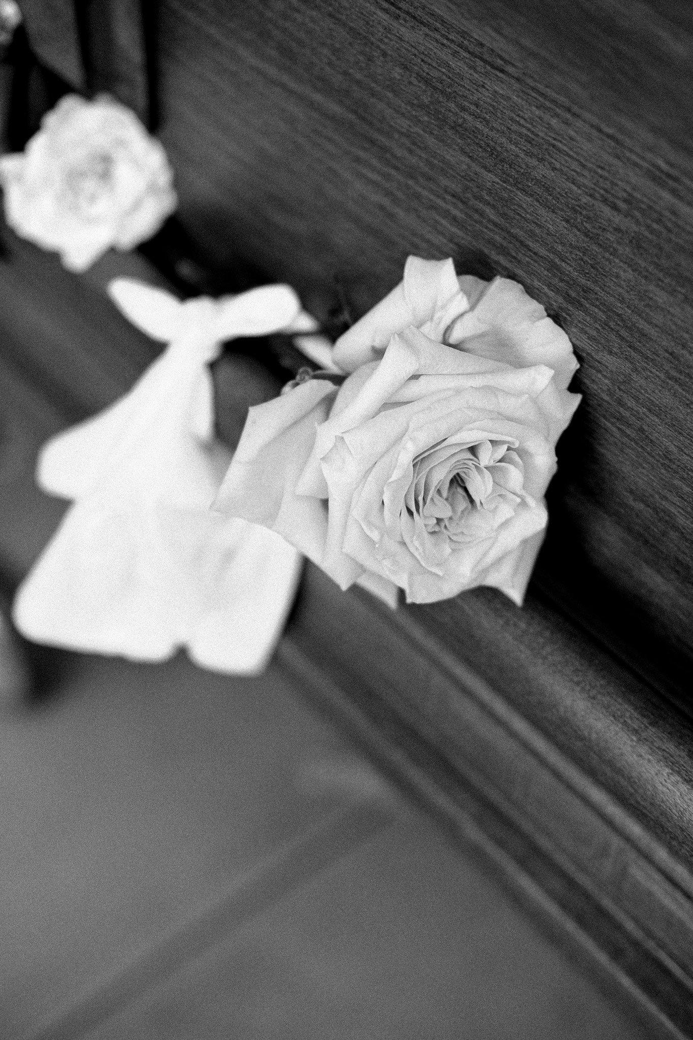 A single flower and pallbearer gloves resting on a casket