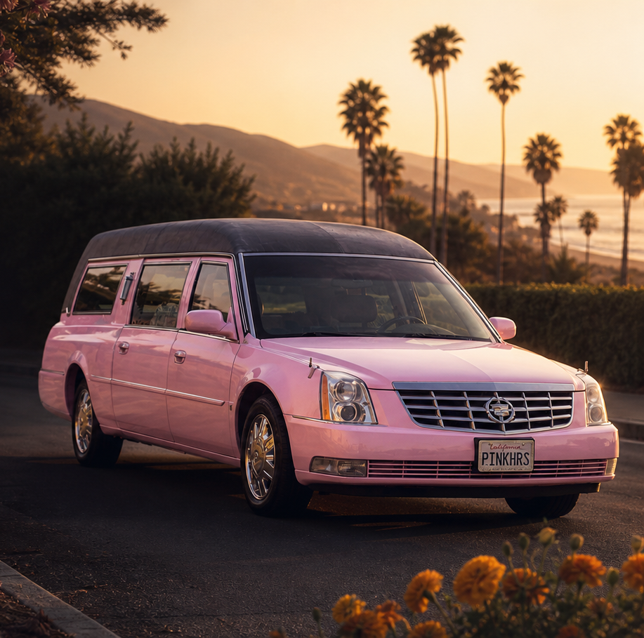 Hearsula, the pink hearse, on a coastal California road at golden hour